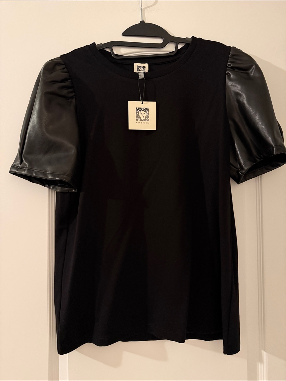 Anne Klein Black Tee with Faux-Leather Puff Sleeves
